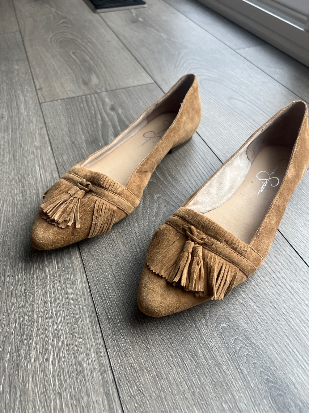 Jessica Simpson Tan Suede Tassel Pointed-Toe Flats